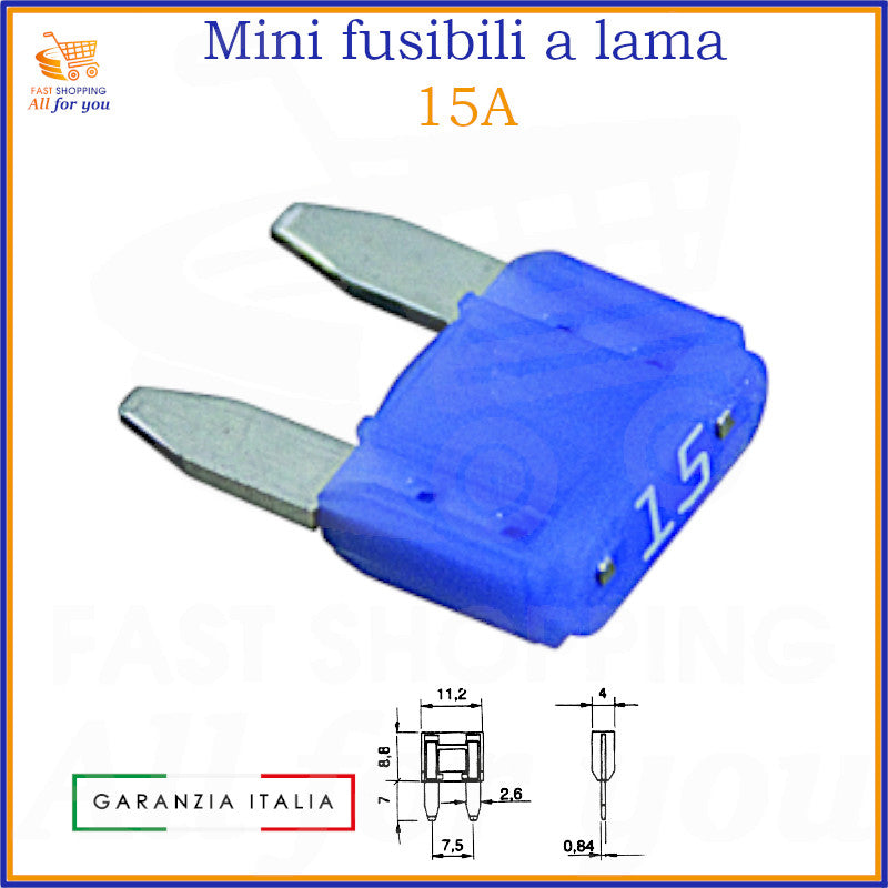 Mini fusibile a lama 15A blu da 11,2mm per impianti elettrici auto, moto e camper