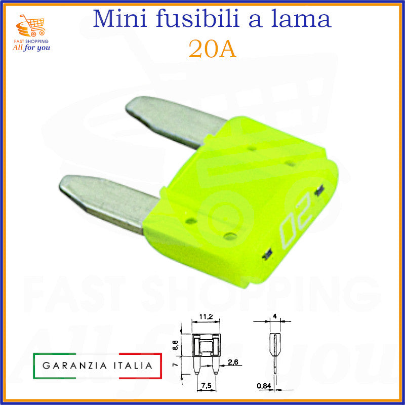 Mini fusibile a lama 20A giallo da 11,2mm per auto, moto, camper e camion