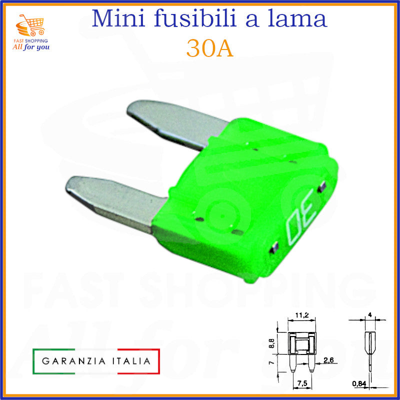 Mini fusibile a lama 30A verde da 11,2mm per auto, moto, camper e camion