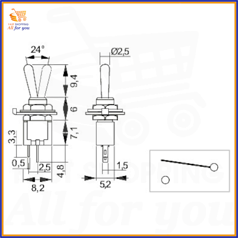 Schema tecnico e dimensioni in mm del microinterruttore a levetta ON-OFF 3A con attacco a saldare.