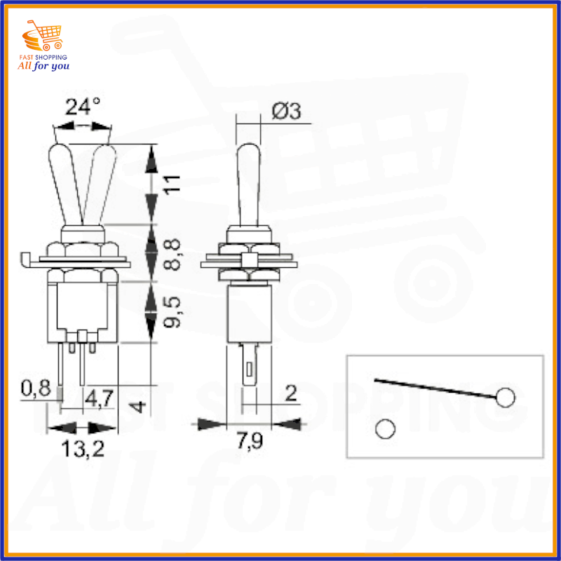 Schema tecnico e dimensioni in mm del microinterruttore a levetta ON-OFF 6A con attacco a saldare.