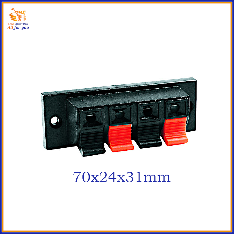Morsettiera rettangolare nera a 4 poli polarizzati per altoparlanti, con pulsanti a molla, fori di fissaggio e terminali a saldare/faston. Dimensioni 70x24x31mm.
