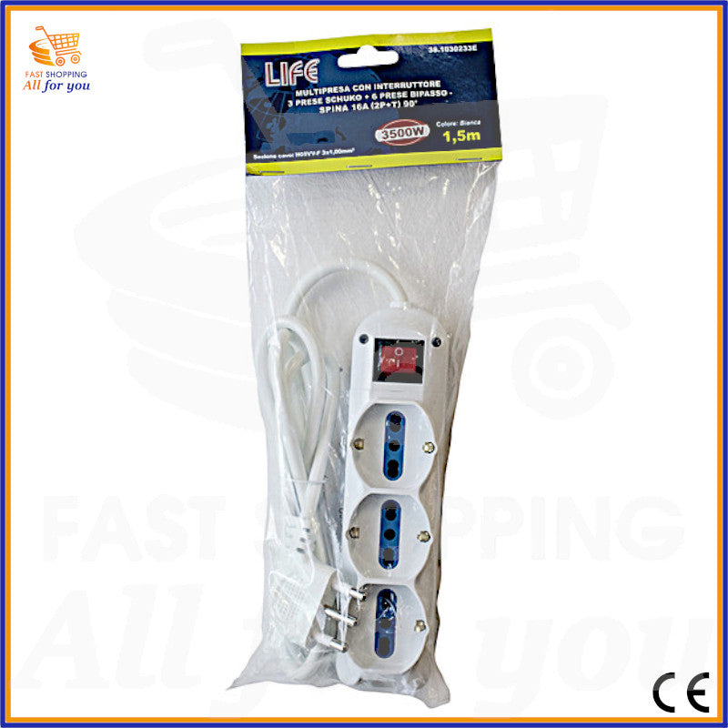 Confezione della multipresa elettrica LIFE con interruttore, 3 prese Schuko, 6 prese bipasso, spina 16A angolare e cavo 1,5m.