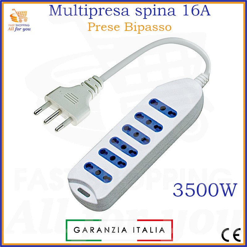 Multipresa elettrica bianca con 6 prese bipasso, spina 16A e cavo da 1,5m. Visibile la potenza di 3500W e la Garanzia Italia.