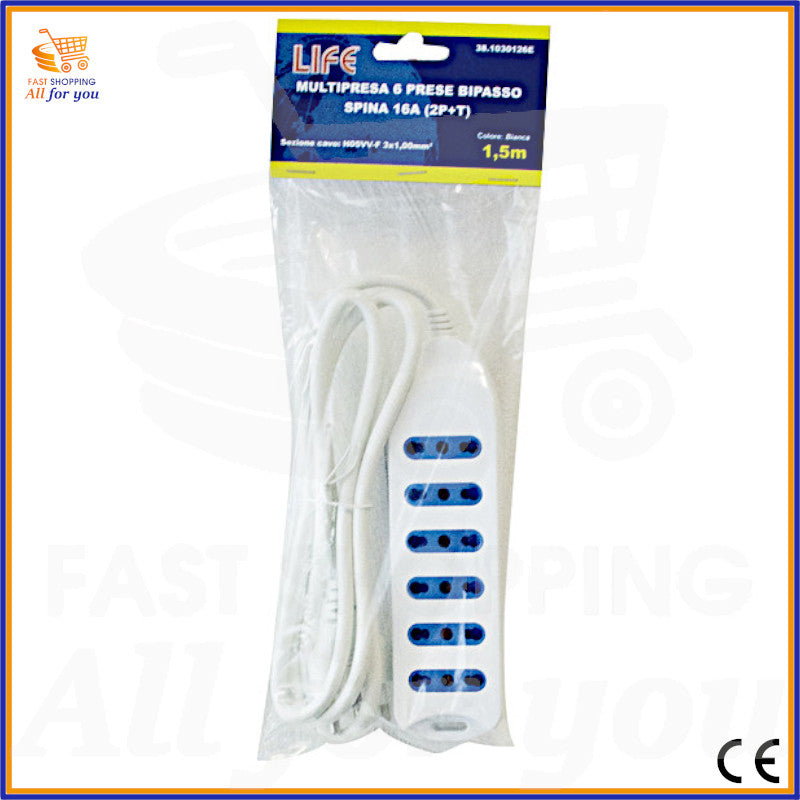 Confezione della multipresa elettrica LIFE con 6 prese bipasso, spina 16A, cavo 1,5m e sezione cavo 3x1.0mm².