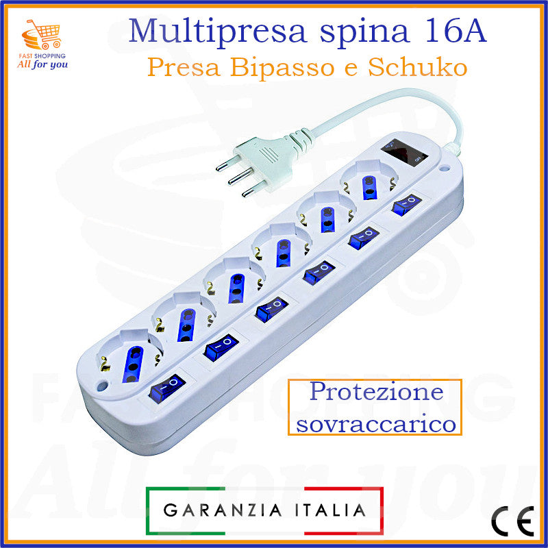 Multipresa elettrica bianca con 6 prese Schuko/bipasso, 6 interruttori individuali più 1 interruttore master, spina 16A, e protezione sovraccarico. Visibile la Garanzia Italia.