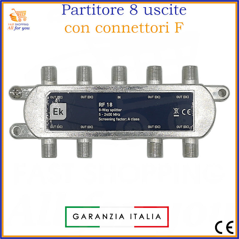 Partitore a 8 uscite con connettori F, schermatura classe A, passaggio DC, per impianti SAT e TV