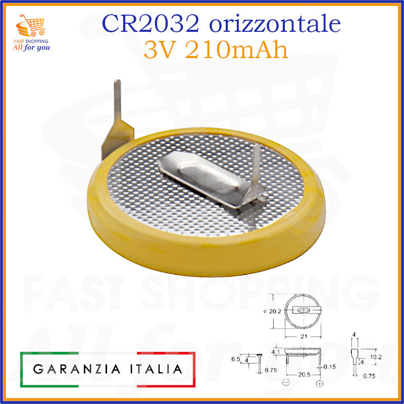 Pila a bottone al litio CR2032 da 3V con terminali a saldare in configurazione orizzontale, per circuito stampato.