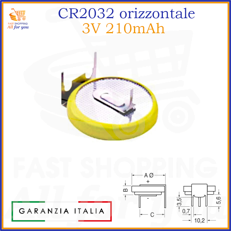 Pila a bottone al litio CR2032 da 3V e 210mAh, con terminali a saldare in configurazione orizzontale per circuiti stampati.