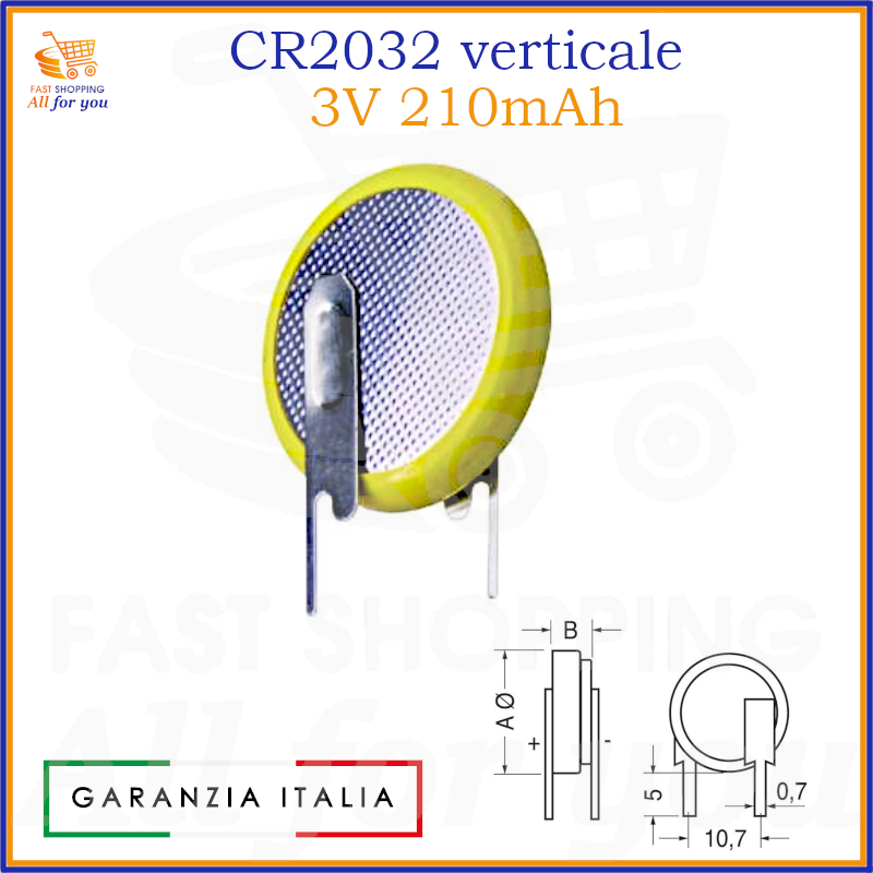 Pila a bottone al litio CR2032 da 3V con terminali a saldare in configurazione verticale, per circuito stampato.