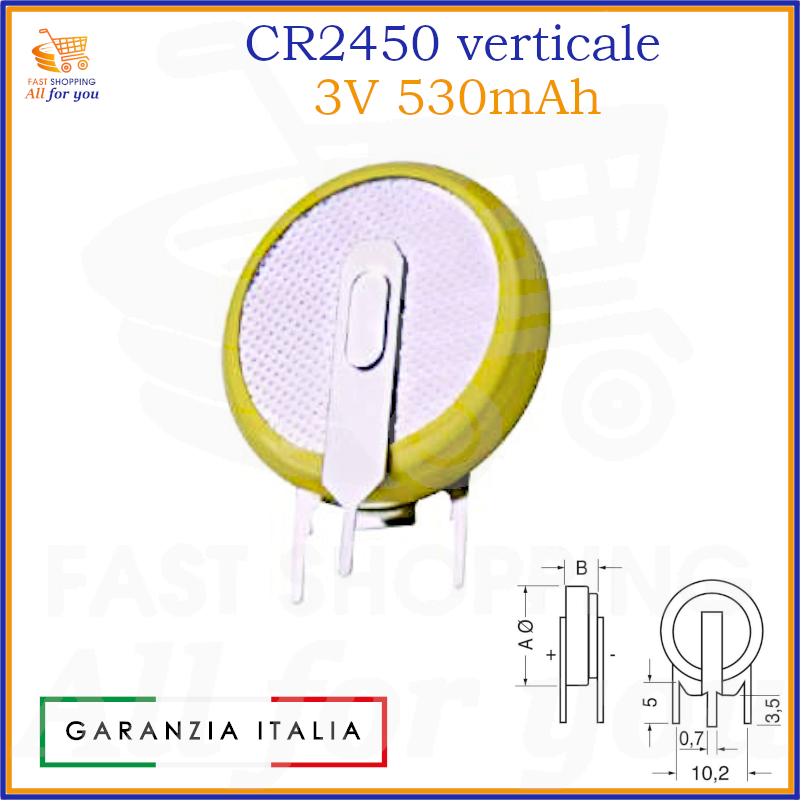 Pila a bottone al litio CR2450 da 3V, con terminali a saldare in configurazione verticale per circuito stampato.