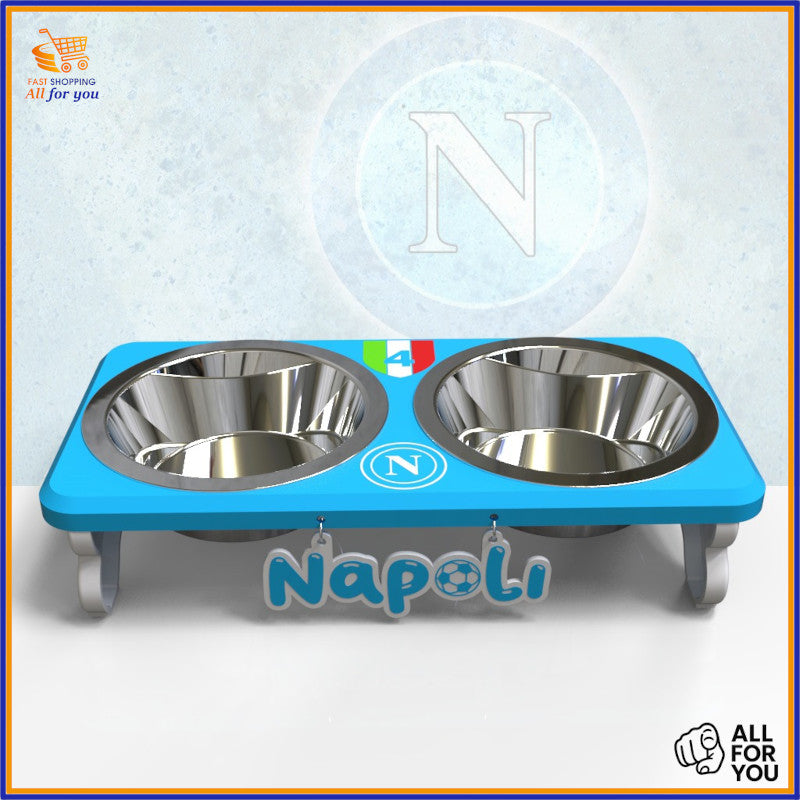 Portaciotole Napoli 4 Scudetto in PETG blu, doppia ciotola con nome personalizzabile per cani o gatti