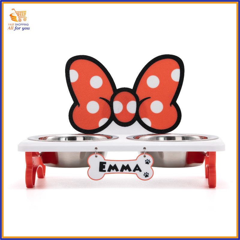 Portaciotole rialzato per cane o gatto in PETG, personalizzato con un grande fiocco a pois e il nome "Emma" su una targhetta a forma di osso.
