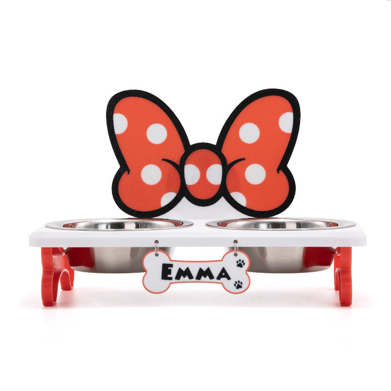 Portaciotole rialzato per cane o gatto in PETG, personalizzato con un grande fiocco a pois e il nome "Emma" su una targhetta a forma di osso.