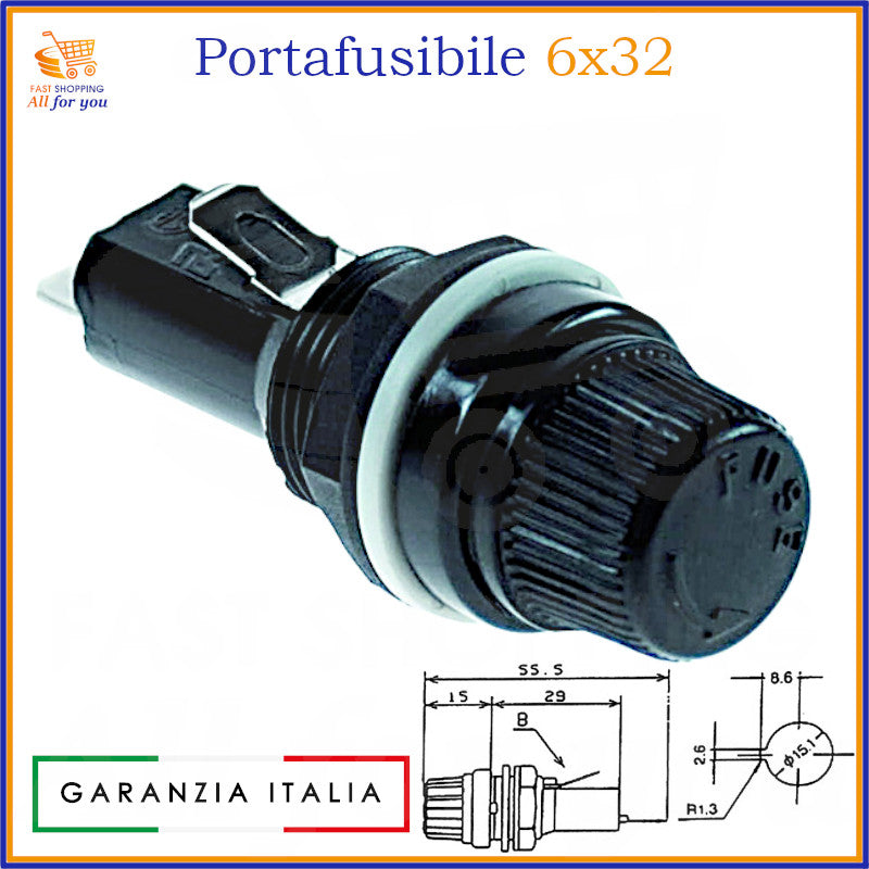 Portafusibile da pannello 6x32mm 250V 15A con tappo a vite per fusibili elettronici