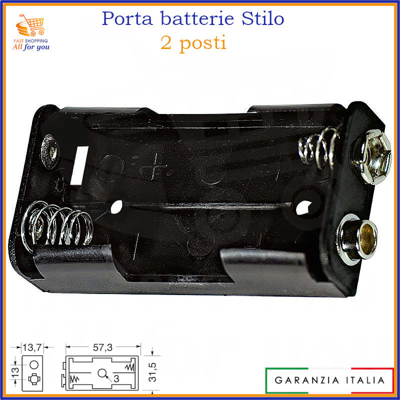 Portapile doppio per 2 pile stilo AA con connessione a bottone (snap connector), vista frontale.