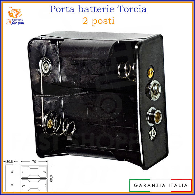 Portapile doppio per 2 pile torcia (tipo D o UM1) con connessione a bottone (snap connector), colore nero.