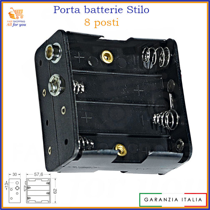 Portapile ottuplo aperto per 8 pile stilo AA con connessione a bottone (snap connector), vista frontale.