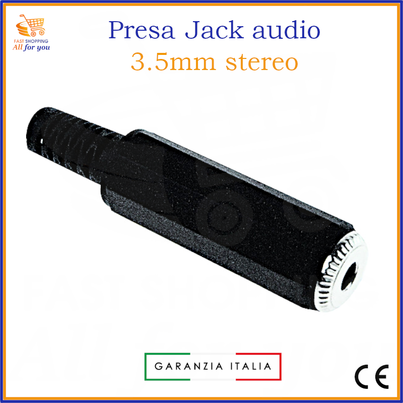 Presa jack audio 3.5mm stereo femmina volante con corpo in metallo e cappuccio in plastica, terminali a saldare e guidacavo.