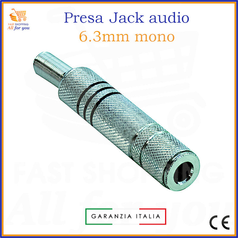 Presa jack audio 6.3mm mono femmina volante con corpo e cappuccio in metallo, terminali a saldare e guidacavo.