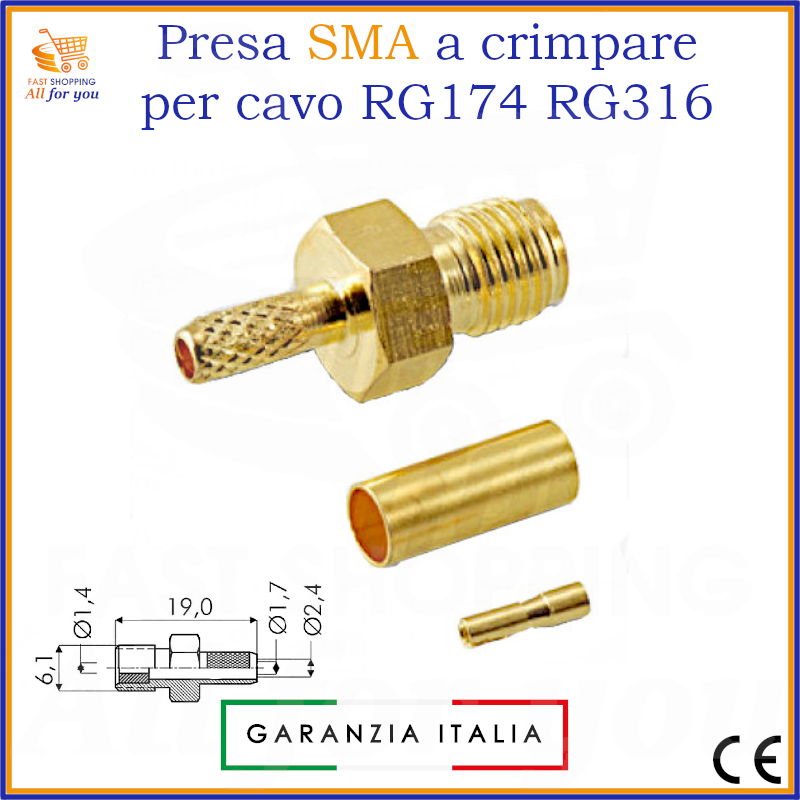 Presa SMA femmina in ottone placcato oro per cavi RG174 e RG316, con componenti per assemblaggio a crimpare o saldare. Include disegno tecnico con dimensioni.