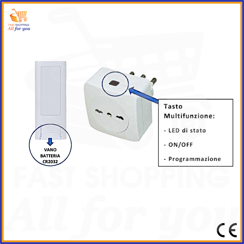 Dettaglio della presa wireless LIFE con freccia che indica il tasto multifunzione per LED di stato, ON/OFF e programmazione. Particolare del vano batteria CR2032 sul retro del telecomando.