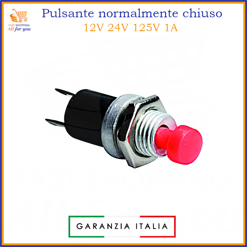 Pulsante rosso momentaneo normalmente chiuso (NC) da pannello, portata 1A 125V.