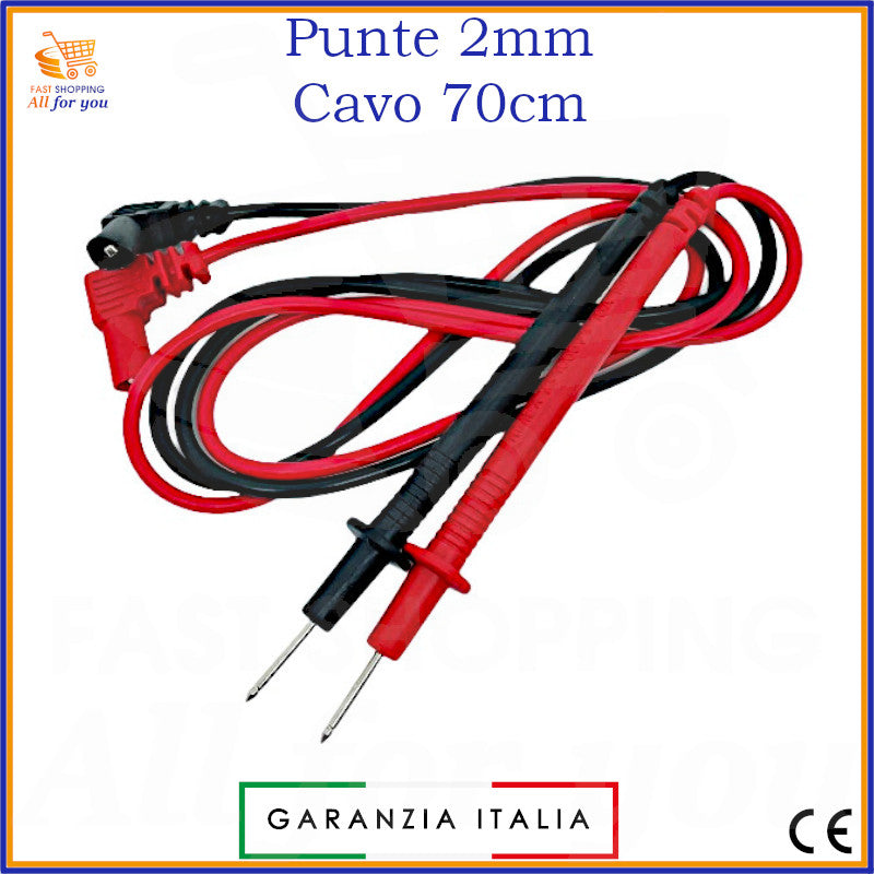 Coppia di puntali (rosso e nero) per tester e multimetro, con punte sottili da 2mm e cavo lungo 70cm.