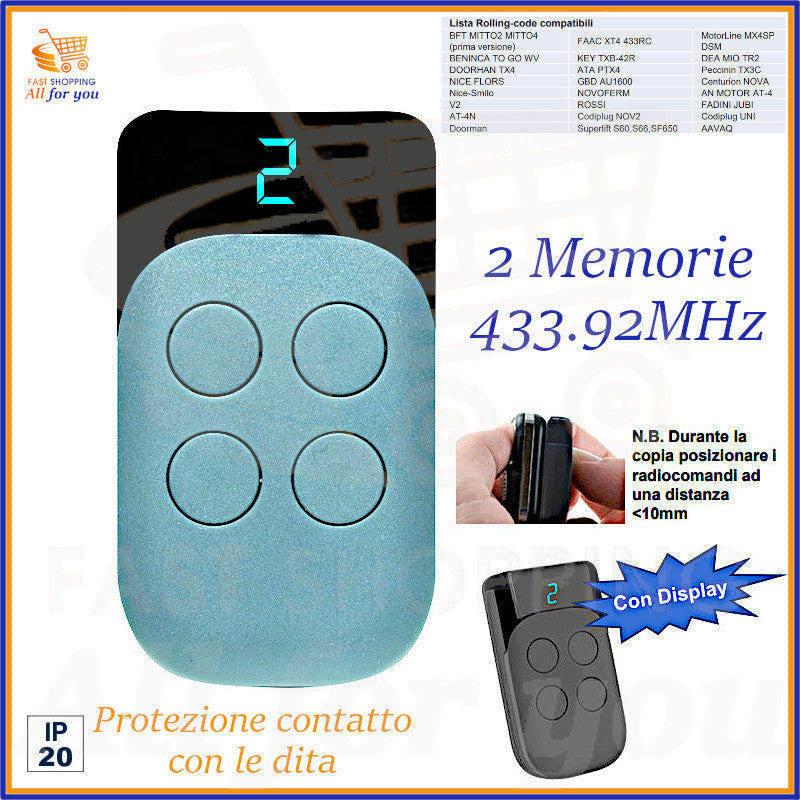 Radiocomando universale per cancello 433.92 MHz con 4 tasti, codice fisso e rolling code – All For You