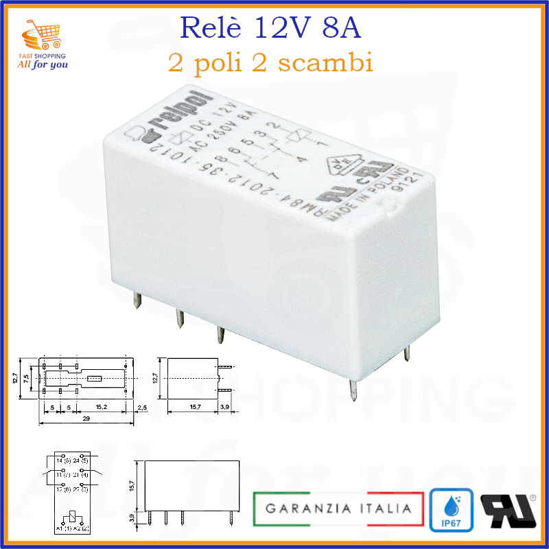 Relè 12V 8A con doppio scambio DPDT IP67 per automazione e impianti elettronici