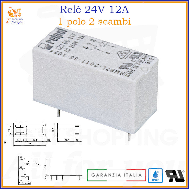 Relè 24V 12A SPDT 1 Polo 2 Scambi con corpo compatto IP67