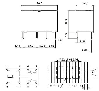 Schema tecnico e misure relè subminiatura 24V DPDT 2A