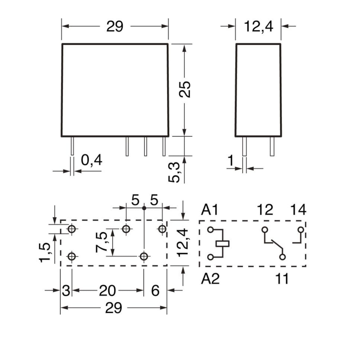 Schema tecnico quotato con dimensioni e piedinatura per relè miniatura Finder serie 40.51