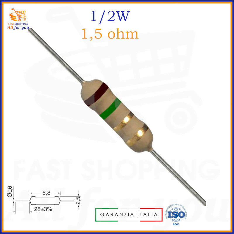 Resistenza 1,5 Ohm 1/2 Watt carbon film assiale