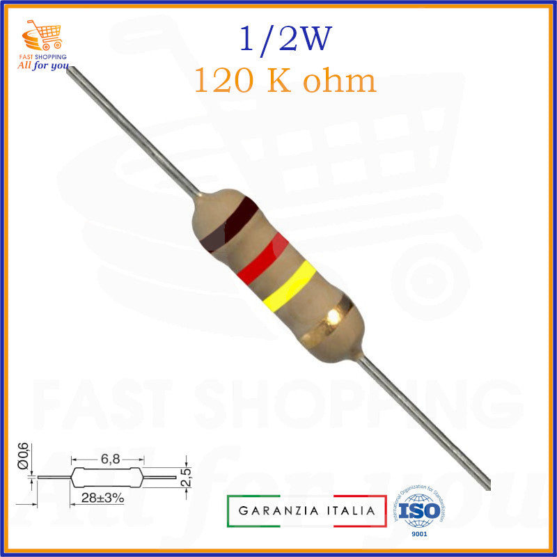 Resistenza 120K Ohm 1/2W assiale strato di carbone