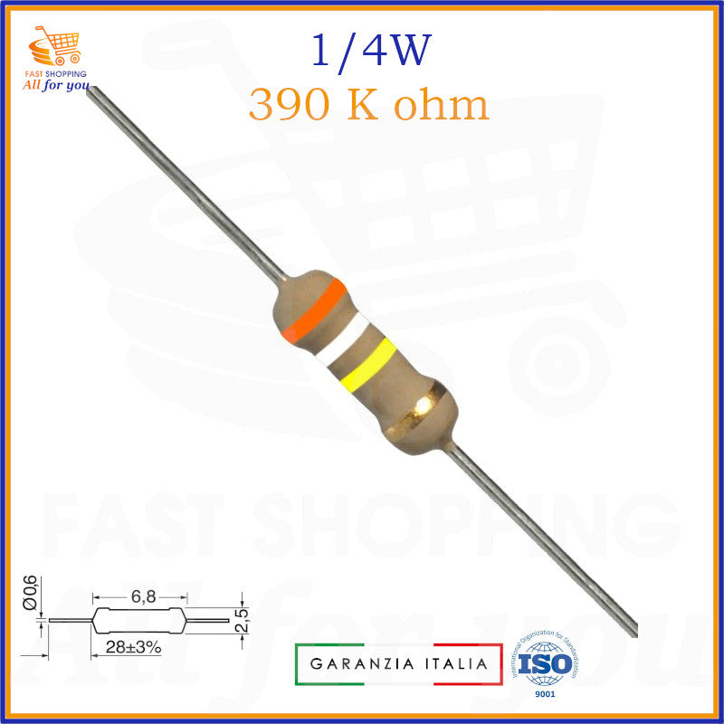 Resistenza 390 K Ohm 1/4W assiale strato di