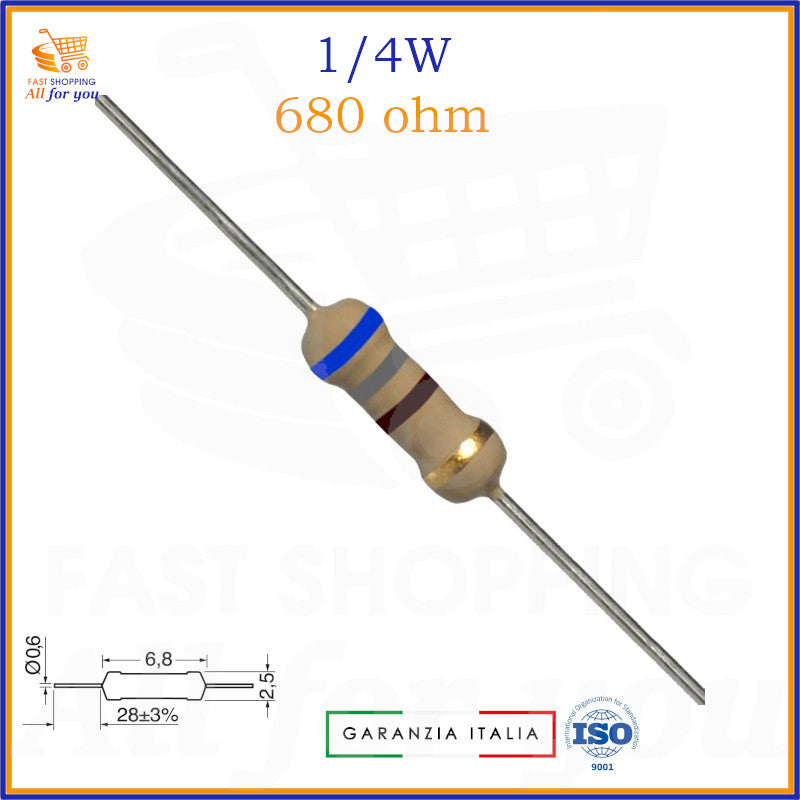 Resistenza 680 Ohm 1/4W strato di carbone assiale