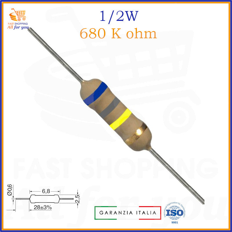 Resistenza 680K Ohm 1/2W assiale strato di carbone