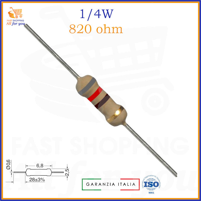 Resistenza 820 Ohm 1/4W strato di carbone assiale