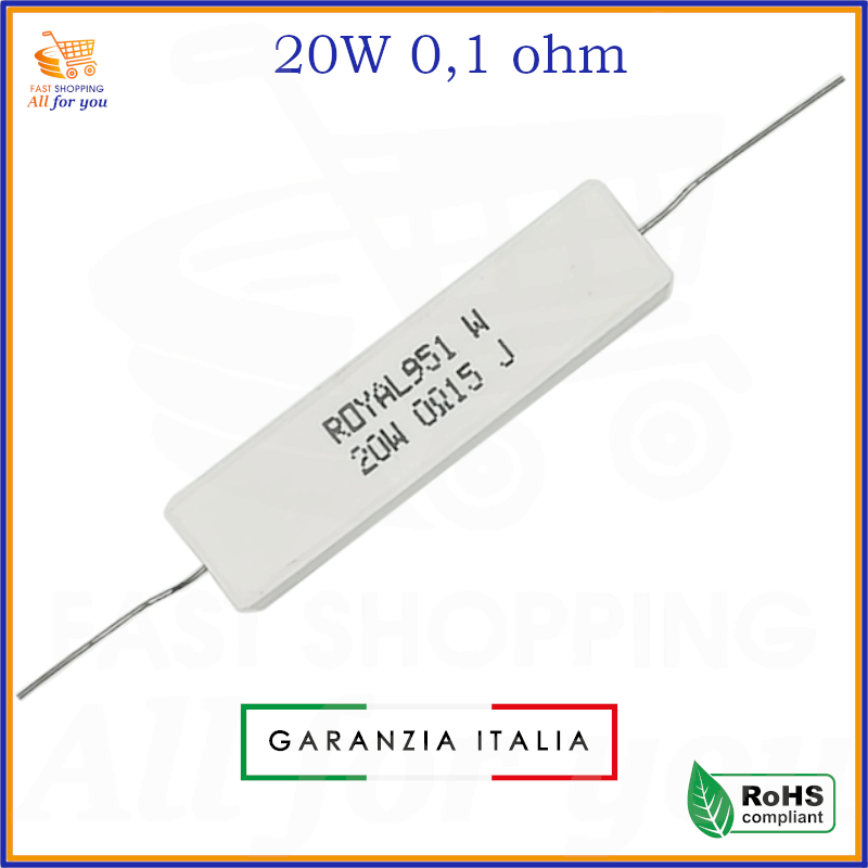 Resistenza ceramica 20W 0,1 ohm a filo avvolto Royal con reofori assiali