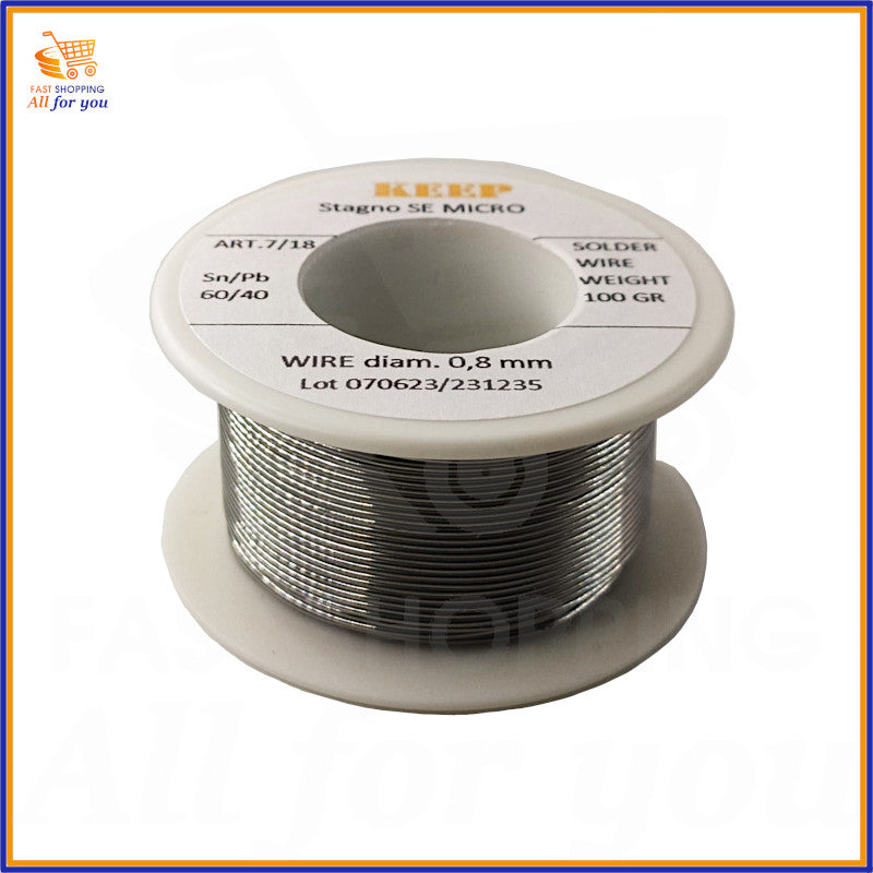 Rocchetto di filo per saldatura Stagno SE MICRO marca Keep, lega 60% Sn e 40% Pb, spessore 0.8mm e peso 100g. Ideale per saldature elettroniche. Visto dal basso.