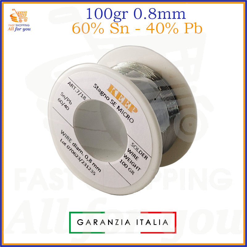 Rocchetto di filo per saldatura Stagno SE MICRO marca Keep, lega 60% Sn e 40% Pb, spessore 0.8mm e peso 100g. Ideale per saldature elettroniche.