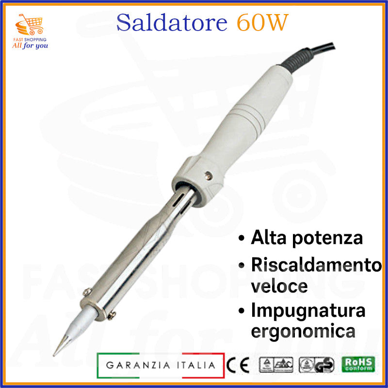 Saldatore a stilo 60W per elettronica con impugnatura ergonomica, punta a lunga durata, certificazioni CE e RoHS.