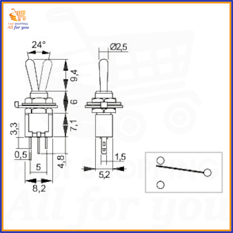 Schema tecnico con dimensioni in mm e piedinatura del deviatore subminiatura ON-ON