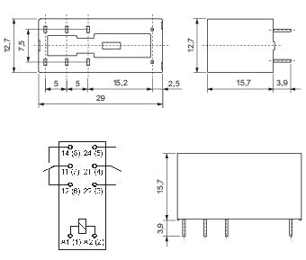 Schema tecnico e dimensioni relè 12V 8A DPDT IP67