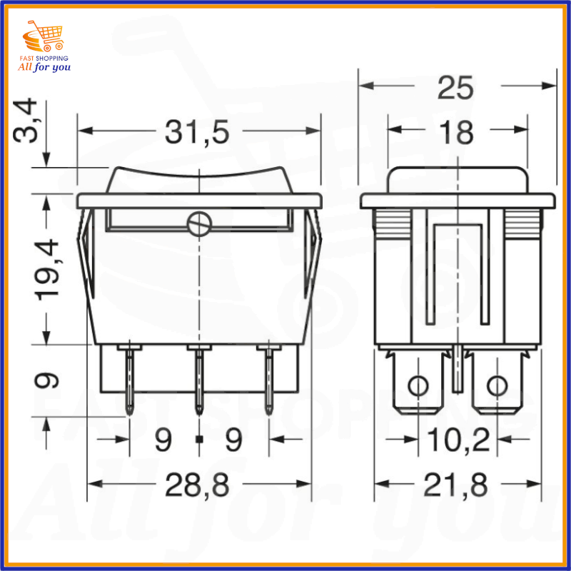 Dimensioni e schema tecnico Deviatore bipolare a bilanciere (ON)-OFF-(ON)