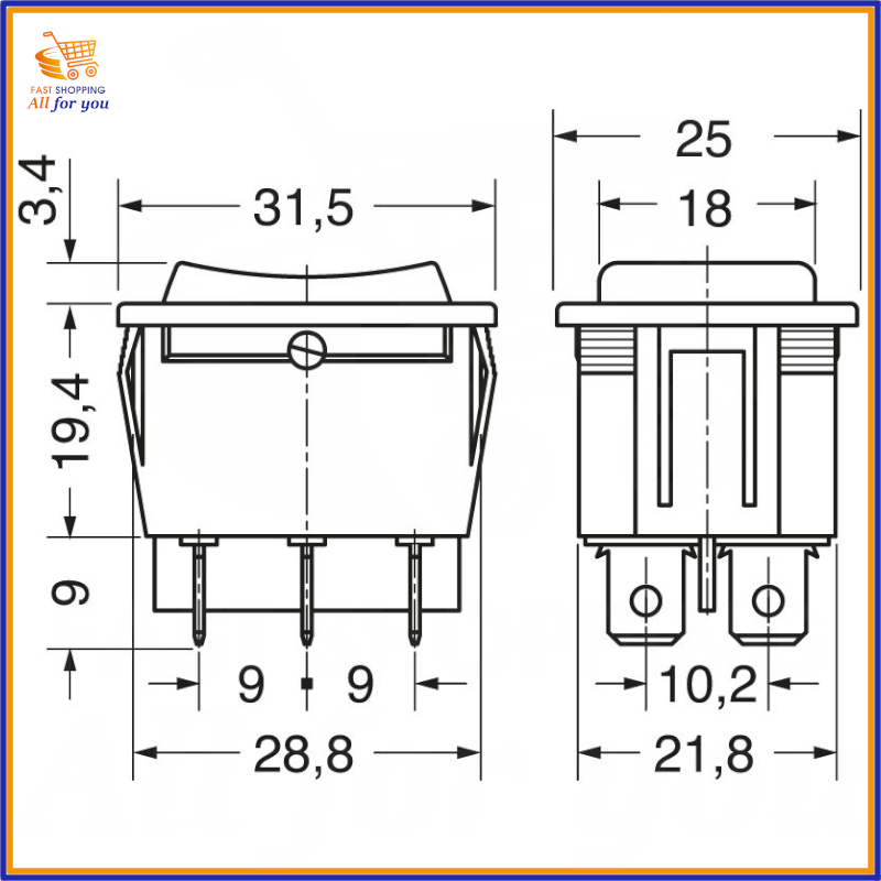 Schema tecnico con dimensioni del deviatore unipolare a bilanciere