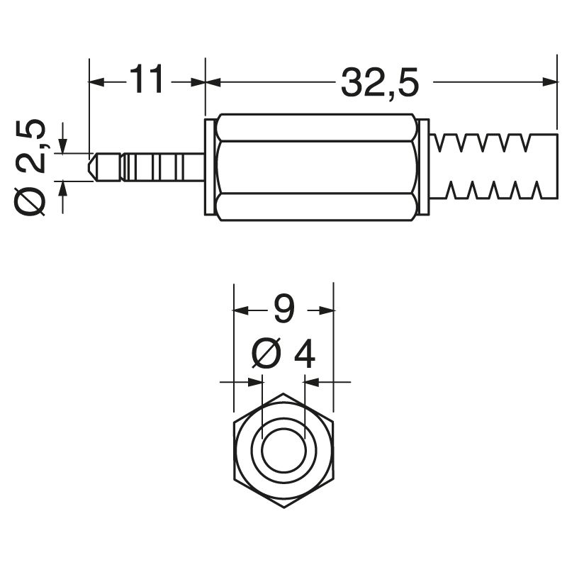 Disegno tecnico dettagliato di una spina jack audio da 2.5mm a 4 poli, con indicazioni precise delle dimensioni in millimetri, inclusa la lunghezza totale e il diametro del connettore.