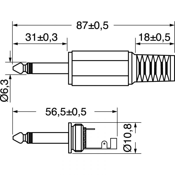 Schema tecnico dettagliato del jack audio professionale da 6.3mm mono, con tutte le dimensioni in millimetri e le tolleranze di ±0.5mm e ±0.3mm.