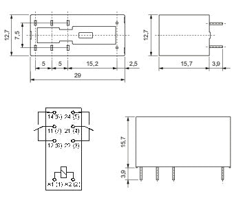 Schema tecnico e dimensioni relè 6V 8A DPDT IP67